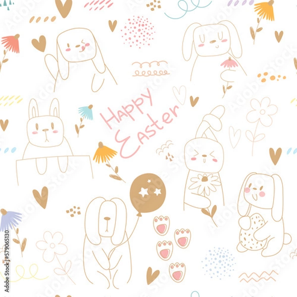 Fototapeta Rabbit easter seamless pattern. Vector illustation, line spots, hearts, flowers. White baskground.