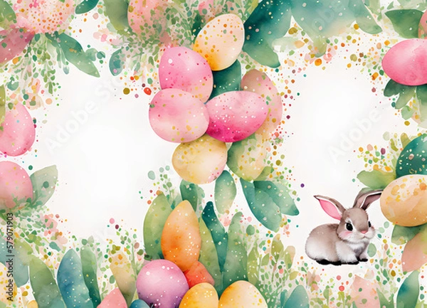 Fototapeta Easter theme - watercolor style illustration with dyed Easter eggs, Easter bunny and flowers, for greeting cards, wallpaper, background, wrappers. Created with Generative AI