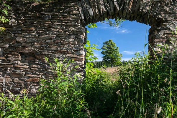 Fototapeta old stone wall with window in the meadow