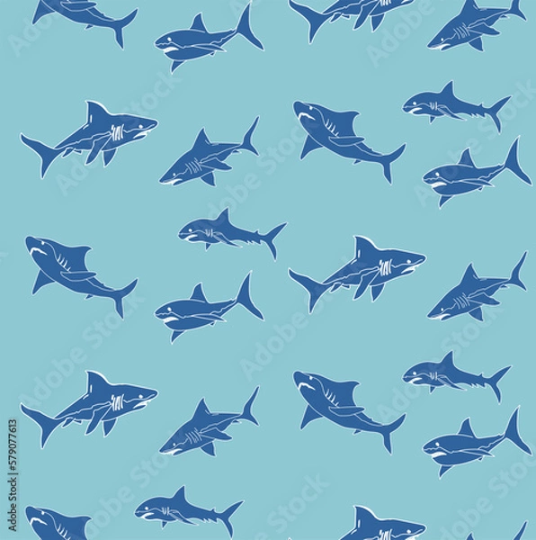 Fototapeta Abstract Hand Drawn Sharks Seamless Ocean Pattern Perfect for Allover Swimwear Fabric or Wrapping Paper Doodle Style Cute Fishes Vector Design Trendy Fashion Colors
