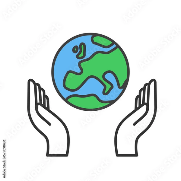 Fototapeta Hand holding planet earth, linear vector icon. Save the planet. Earth day symbol. World Environment Conservation.