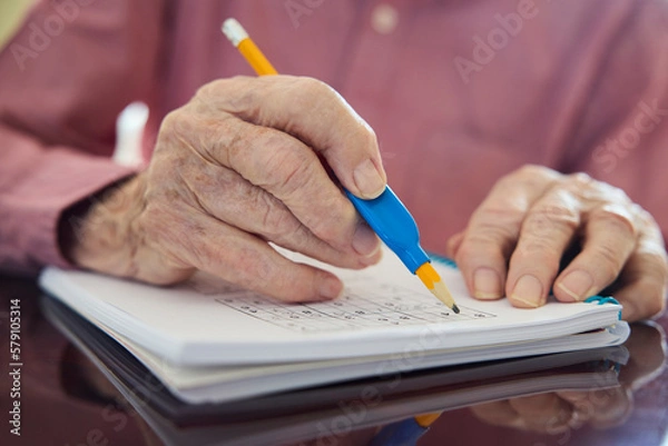 Obraz Close Up Of Senior Man With Arthritis Using Grip Aid On Pencil To Write In Sudoku Puzzle Book