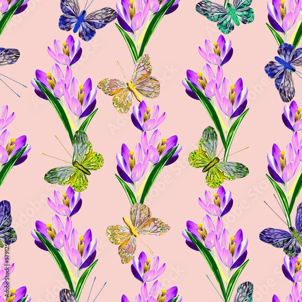 Obraz Crocus flowers and butterfly-insects seamless pattern.