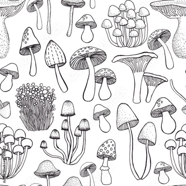 Fototapeta Seamless pattern with hand drawn mushrooms. Illustration in sketch style. Black and white