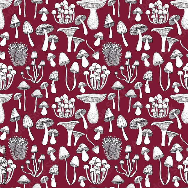 Fototapeta Seamless pattern with hand drawn mushrooms. Illustration in sketch style.