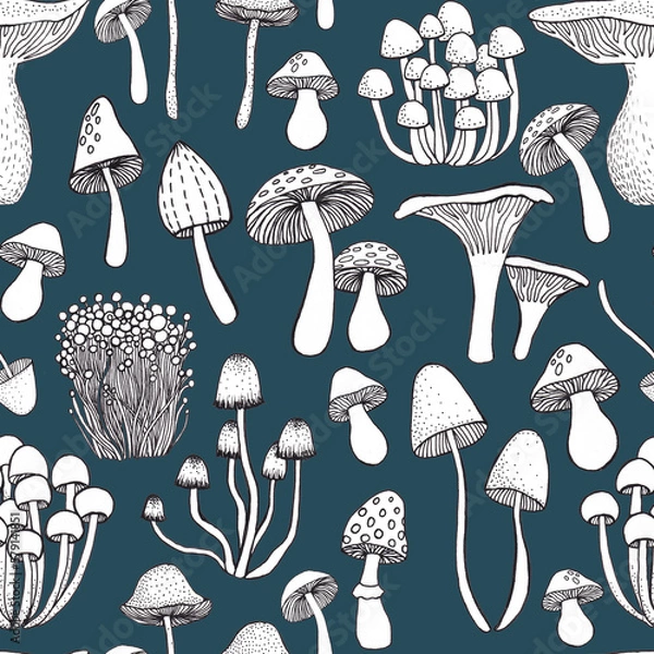Fototapeta Seamless pattern with hand drawn mushrooms. Illustration in sketch style.