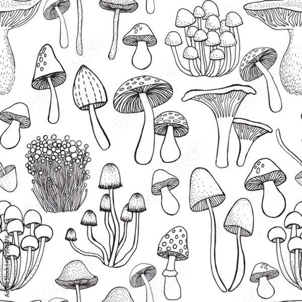 Fototapeta Seamless pattern with mushrooms. Black and white colors.