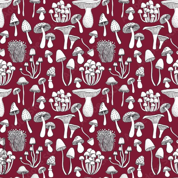 Fototapeta Seamless pattern with hand drawn mushrooms. Illustration in sketch style.