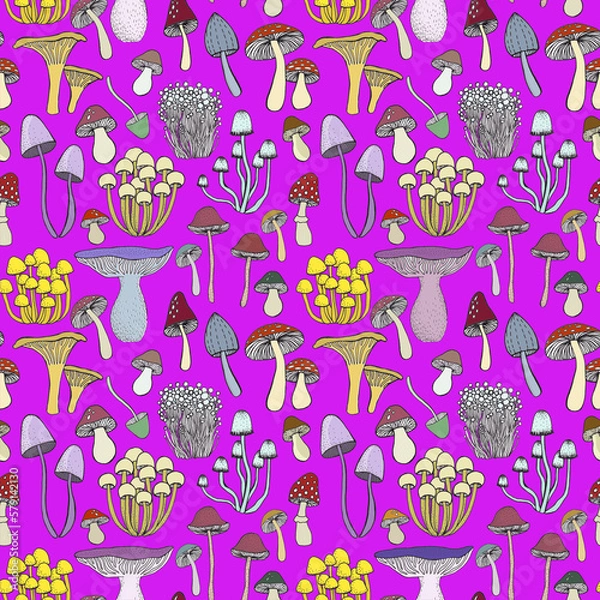 Fototapeta Seamless pattern with mushrooms on violet background.