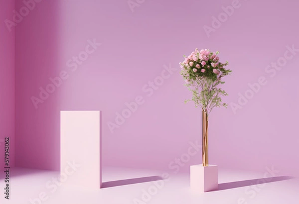 Fototapeta Display space for product presentation, light pink background with decorative elements and flowers. Advertisement background. Created with Generative AI