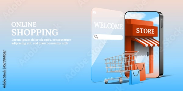 Fototapeta Online shopping store inside smartphone with shopping cart and bags 3d vector