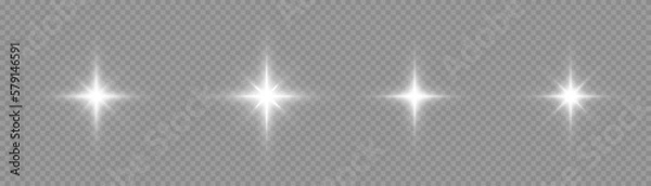 Fototapeta A set of white glowing light on a transparent background, white sun rays, bright stars with rays and highlights. Vector 10 eps