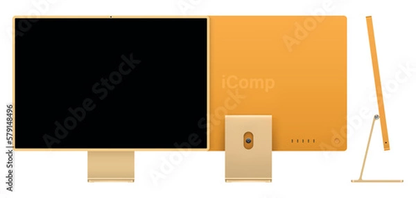 Obraz computer display yellow color with black screen front, back and ...