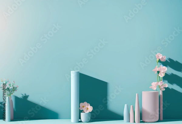 Fototapeta Display space for product presentation, light blue background with decorative vase and flowers. Advertisement background. Created with Generative AI