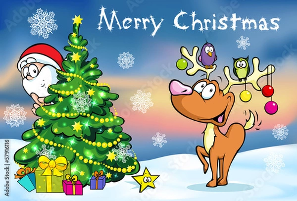 Fototapeta Merry Christmas greeting card, santa claus hidden behind e tree