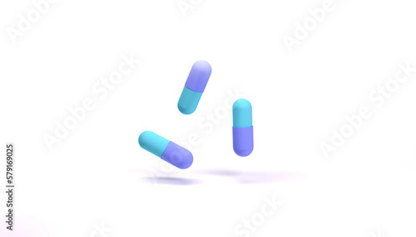 Fototapeta Falling antibiotic pill capsules isolated on white background. Healthcare and medical concept. 3D rendering. Realistic medical capsule pill. Vitamin antibiotic medicine drug.
