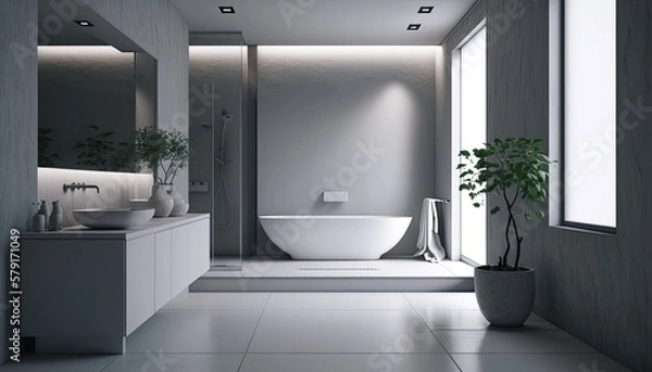 Fototapeta A minimalist bathroom with a sleek and modern design. The space features a large soaking tub and a floating vanity, both made of polished concrete. The walls are painted in a soft white, generative ai