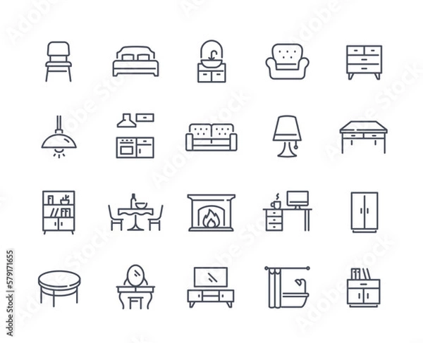 Fototapeta Set of Simple Furniture Related Icons. Bed, armchair, kitchen, dining table, light fixture, fireplace and bathroom. Design elements for app. Cartoon linear vector collection isolated on white