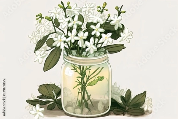 Fototapeta On a white glass tabletop, a jar of water holds a few jasmine stems. Generative AI