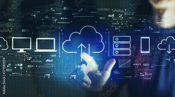 Fototapeta Cloud computing with young man touching a digital screen at night
