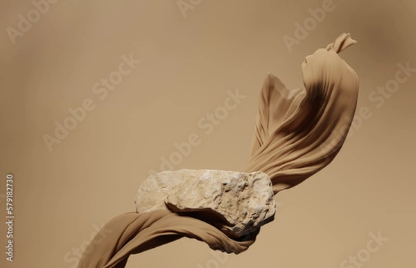 Fototapeta 3D background. Podium,stone display. Beige luxury flying cloth in motion. Glamour minimal pedestal for beauty, cosmetic product presentation. Feminine mockup. Nude, brown template, studio 3d render