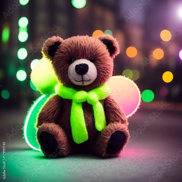 Fototapeta teddy bear with a lime green scarf.   
Created with generative AI