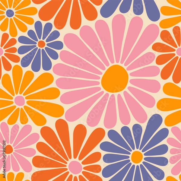 Obraz Groovy Daisy Flowers Seamless Pattern. Floral Vector Background in 1970s Hippie Retro Style