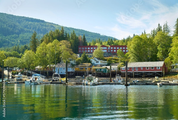 Obraz Telegraph Cove Reflections. The Telegraph Cove marina and accommodations built on pilings surrounding this historic location.

