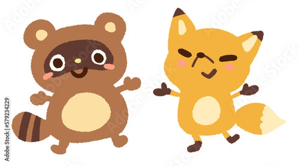 Obraz タヌキとキツネの仲良しイラスト