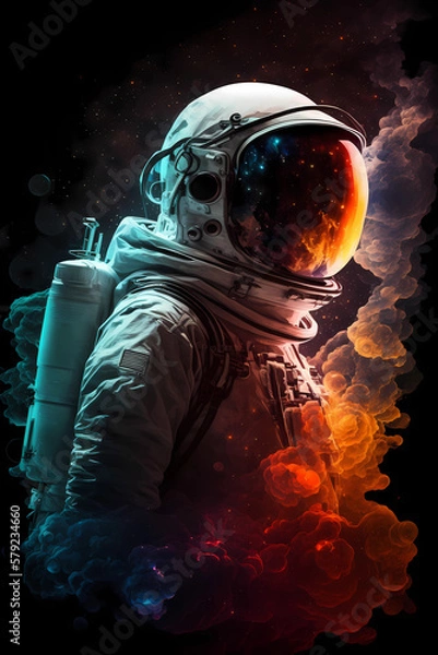 Fototapeta Exploring New Horizons: Astronaut Against a Mesmerizing Smoke-Filled Backdrop Infused with Dazzling and Colorful AI-Generated Art