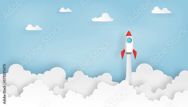 Fototapeta paper art of space rocket launch to the sky in startup concept of business or project. vector illustrator