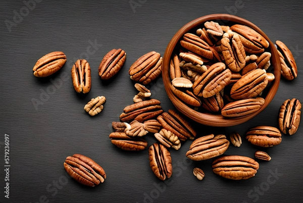 Fototapeta AI generated image of pecan nuts in a bowl. Pecan are often eaten as a snack or used in cooking and baking