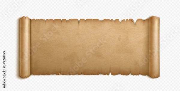 Fototapeta Old paper or parchment scroll. Ancient papyrus texture. Empty antique manuscript with rolled edges isolated on transparent background, vector realistic illustration
