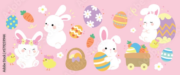 Fototapeta Happy Easter comic element vector set. Cute hand drawn fluffy rabbit, easter eggs, spring flowers, carrot, chick, basket. Collection of doodle animal and adorable design for decorative, card, kids.