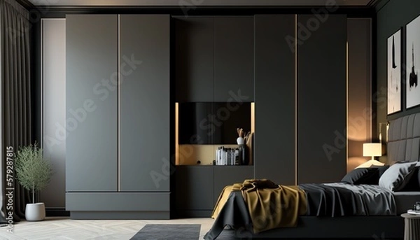 Fototapeta Fitted modern wardrobe around bed to have a place to store the fancy clothes, interior
