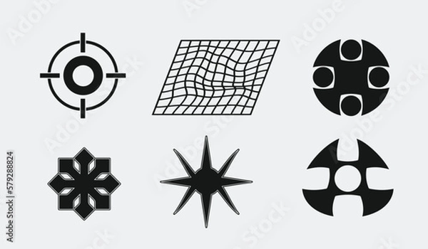 Fototapeta Vector Graphic Assets Set. Bold modern Shapes for Posters Template, flyers, clothes, social media, graphic design, sticker, In Y2k style, Futuristic, Anti-design, Digital Collage, Retro Futurist.