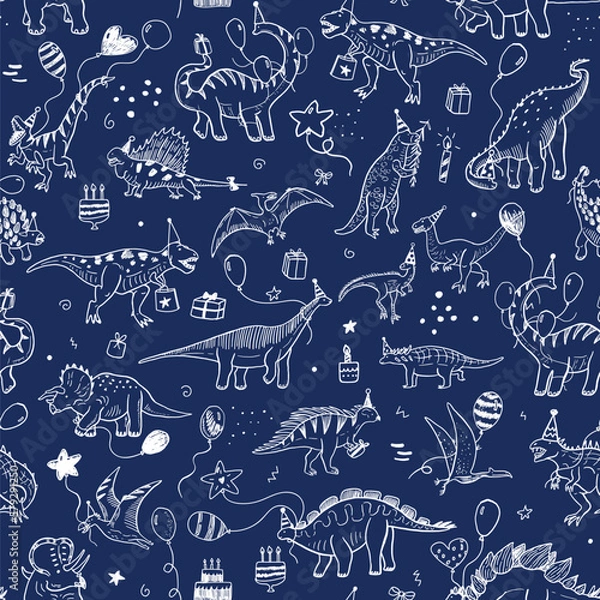 Fototapeta Dinosaur birthday vector line seamless pattern.