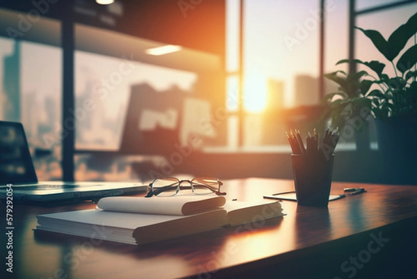 Fototapeta Desk top and blurred office background. Generative AI illustration.