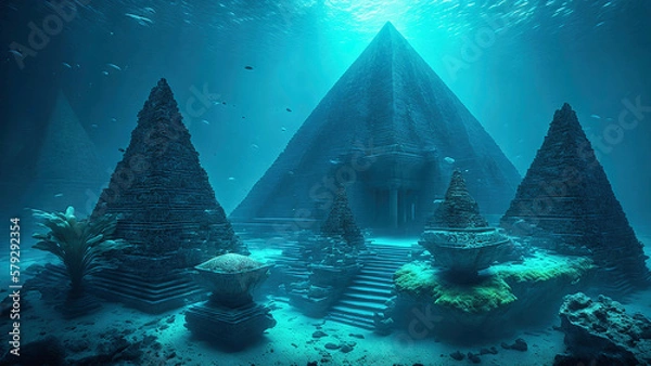 Obraz underwater view of an ancient Atlantis city with huge pyramid temples and stone platform undersea with blue water and some light rays from above, generative AI