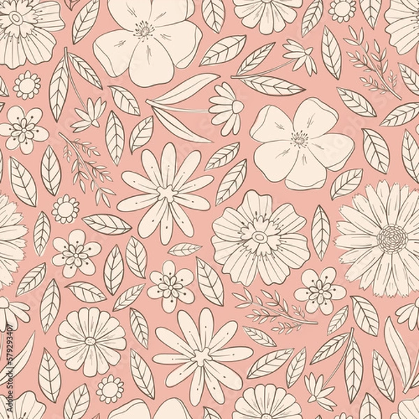 Obraz vintage floral pattern with hand drawn abstract flowers and leaves on pink background. Good for textile prints, wallpaper, wrapping paper, scrapbooking, stationary, backgrounds, etc. EPS 10