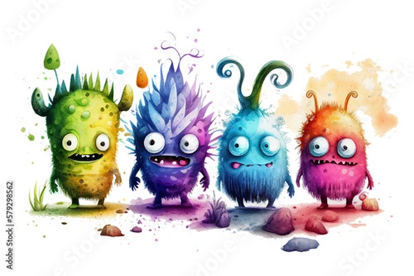 Obraz Cartoon funny cute monsters in kids watercolour style, generative ai, transparent background