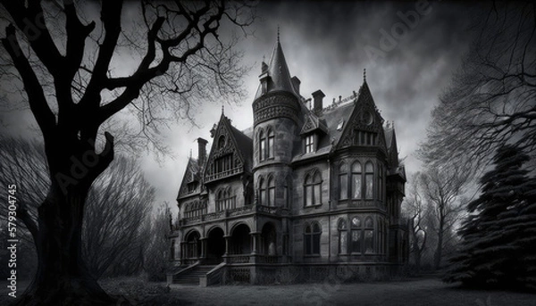 Obraz A Futuristic Gothic Victorian Mansion Lost in the Haunted Forest: Discovering | AI Generated