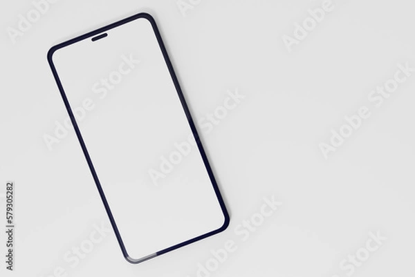 Fototapeta Smartphone with blank screen on white table mockup, flat lay, top view, product modern concept.