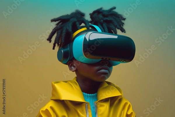 Fototapeta Generative ai generation black alpha child using 3D vr goggles