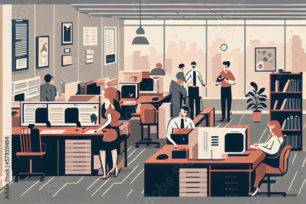 Fototapeta Illustration of large group of people working in coworking, Generative AI.