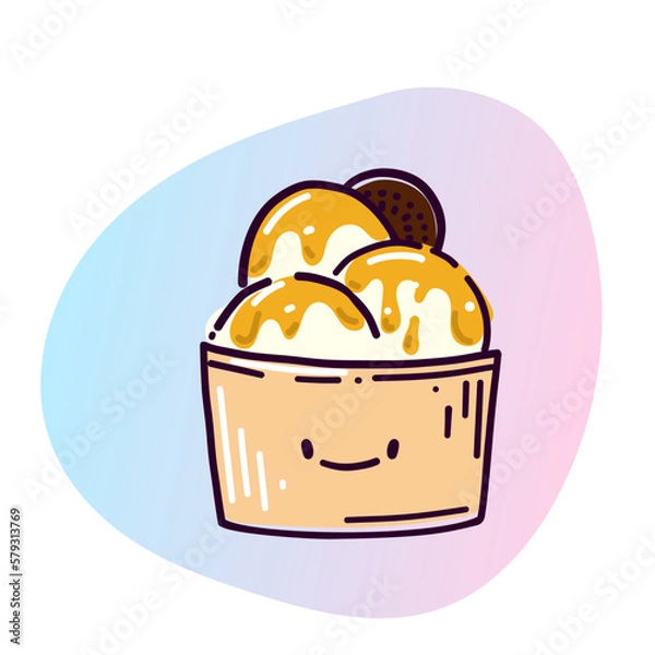 Fototapeta Frozen yogurt balls with topping and cookies in a paper cup with a smiley face. Vector illustration in doodle style