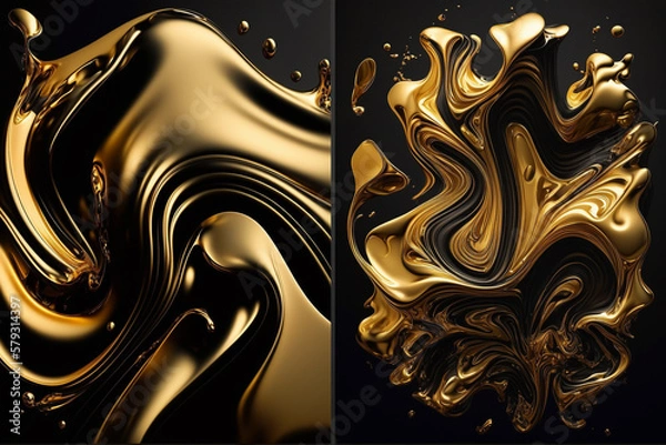 Fototapeta Luxury Gold Fluid Liquid Background with Gonden Metalic texture melted and flowing with a creative artistic look on a dark black background. Ai generated