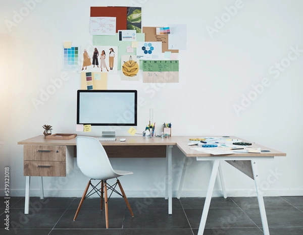 Fototapeta Office desk, screen mock up and creativity design fashion project management, advertising agency or marketing startup background. Computer desktop monitor mockup for productivity or software planner