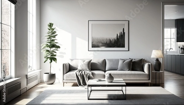 Fototapeta A modern living room with a minimalist interior design featuring a sleek gray sofa, a low coffee table, and a monochrome rug. generative ai