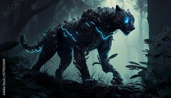 Fototapeta Electric Jungle Predator: Cyber Panther with a Flash of Light. Cyberpunk Style Generative Ai